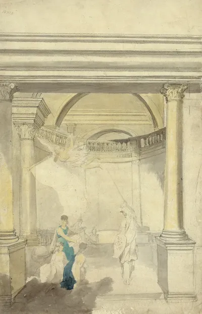 Allegorical Scene Of Interior With Columns Minerva Fame And Other Figures