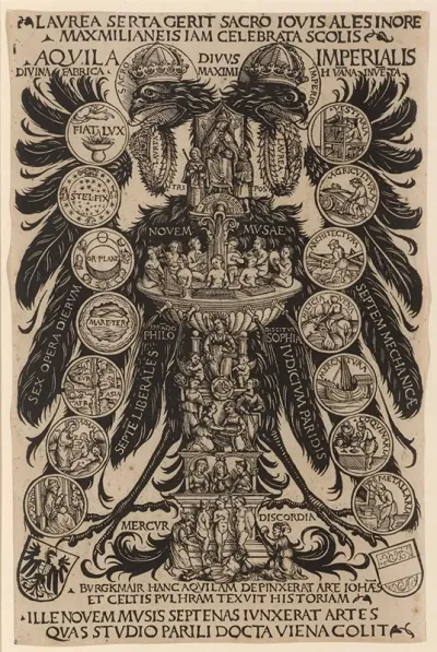 Allegorischer Reichsadler Des Konrad Celtis Mit Den Kunsten Dem Musenbrunnen Und Dem Urteil Des Paris
