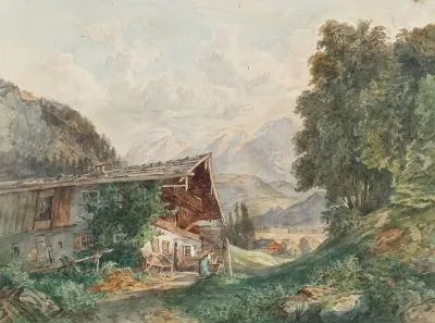 Alpenlandschaft Mit Bauernhaus Und Frau Am Brunnen