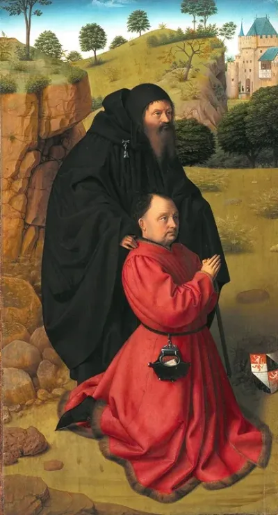 Altar Panel With A Portrait Of A Donor In Scarlet Under The Protection Of St Anthony