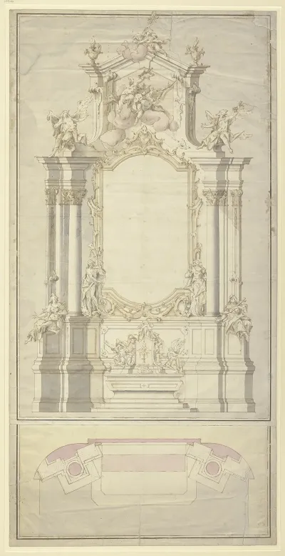 Altarentwurf Rechts Und Links Von Der Rahmung Fur Das Altarblatt Stehen Die Beiden Johannes Zu Fusen Der Saulen Rechts Und Links Sitzt Je Eine Allegorische Weibliche Gestalt