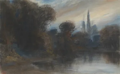 An Abbey By A Wooded Lake At Twilight