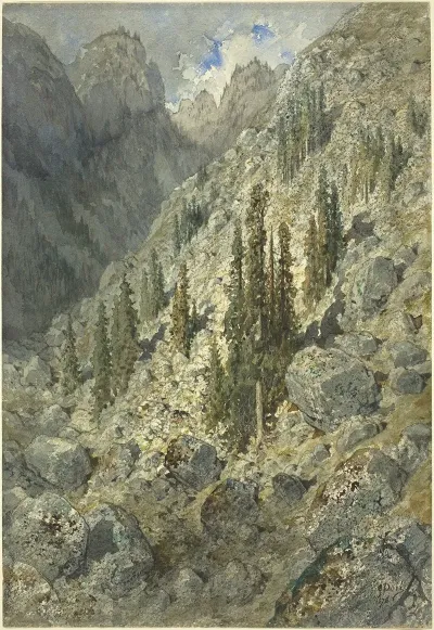 An Alpine Valley With Trees And Boulders