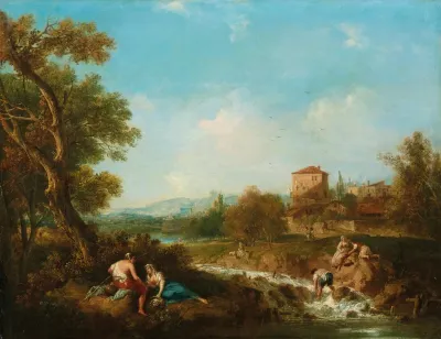 An Arcadian Landscape With Figures Near A Stream A Village Beyond