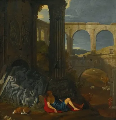 An Architectural Capriccio With Ancient Ruins A Triumphal Arch And A Haut Relief Sculpture With The Story Of Mercury And Argus