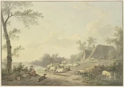 An Einem Weg Bei Bauernhausern Eine Schafherde