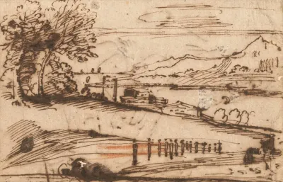 An Extensive Coastal Landscape With A Procession Of Figures In The Foreground And Buildings On The Water