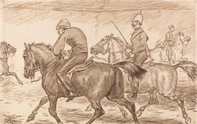 An Indoor Military Riding School With An Instructor Teaching Recruits To Trot