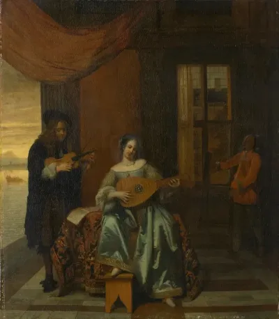 An Interior Scene With A Woman Playing A Lute And A Man Playing A Violin