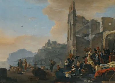 An Italianate Coastal Landscape With Figures In Oriental Dress At Market