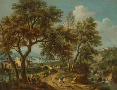 An Italianate Landscape With A View Of Lake Garda And Salo In The Distance With Figures On A Bridge