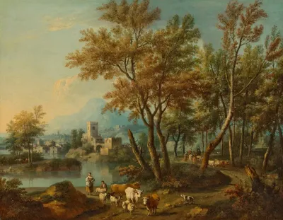 An Italianate Landscape With A View Of Lake Garda With A Shepherd And Shepherdess Watering Their Flock At A River