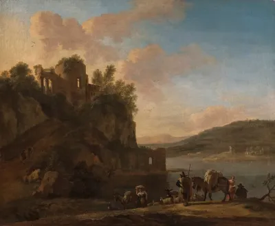An Italianate River Landscape With Herders On A Path With Their Flock And Donkeys