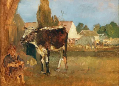 Animal Study Landscape With Farmhouse Cows And Farmers Wife