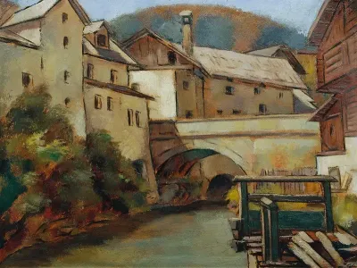 Ansicht Einer Stadt Mit Fluss Und Brucke