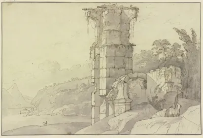 Antike Ruine An Einem Bergsee Vorne Rechts Zwei Schafe