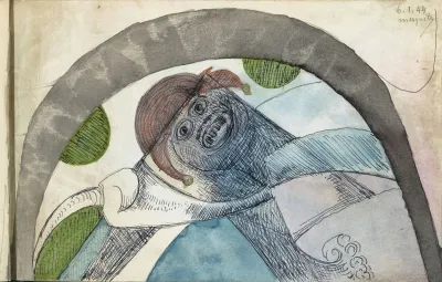 Antropomorf Figuur Met Een Harlekijnsmuts Onder Een Boog