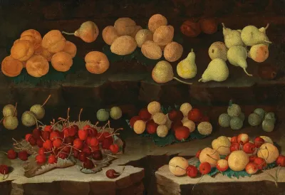 Apricots Pears Cherries And Plums On A Ledge