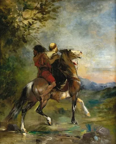 Arab A Cheval Portant En Croupe Un Fou