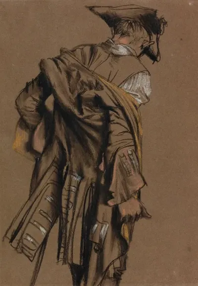 Artists Model Seen In Back View Putting On An Eighteenth Century Uniform