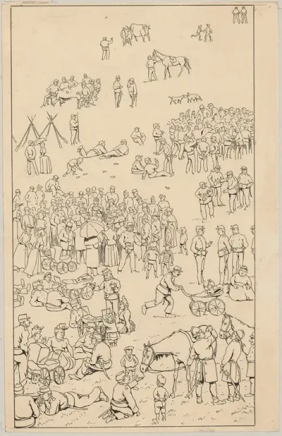 Assembly Of Soldiers Animals Women And Children