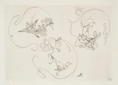 Assiette A Dessert Trois Motifs Composes Chacun Dun Ruban Dune Fleur Et Dun Oiseau 4