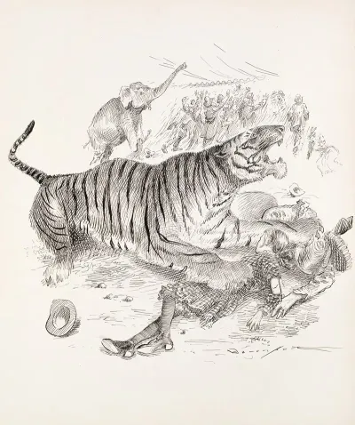 At A Circus A Tiger Holds A Woman And A Girl Under Its Paws And An Elephant Steps On Another Woman
