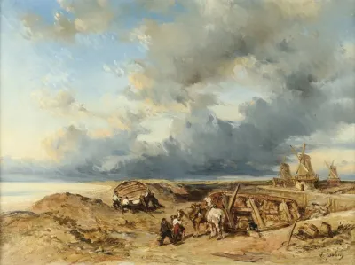 Attelage De Chevaux En Bord De Mer Hollande
