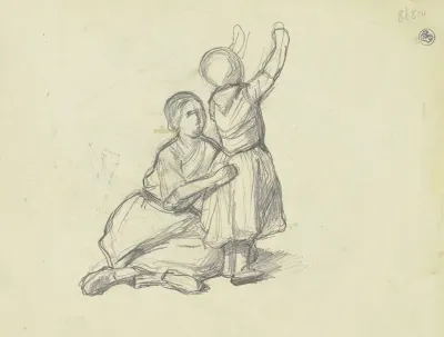 Auf Dem Boden Sitzende Frau Mit Einem Neben Ihr Stehenden Kleinen Madchen Mit Erhobenen Armen