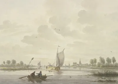 Auf Einem Fluss Segeln Einige Barken Vorne Ein Ruderboot