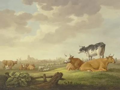 Auf Einer Wiese Kuhe Und Schafe In Der Ferne Eine Stadt Links Eine Melkerin