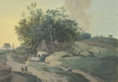 Bauernhaus Am Weg Unter Baumen Staffage Von Vielen Figuren Und Weidendem Vieh