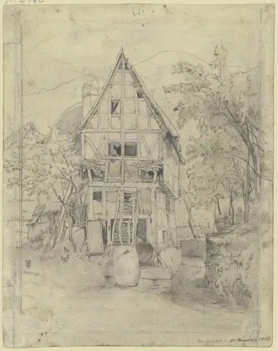 Bauernhaus Unter Baumen Davor Einige Fasser Und Huhner