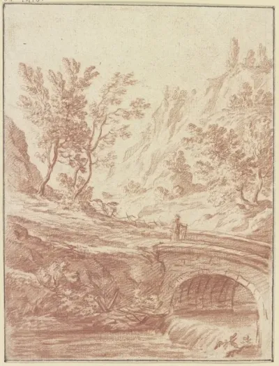 Baumbestandenes Tal Im Vordergrund Ein Bach Uber Den Eine Brucke Fuhrt