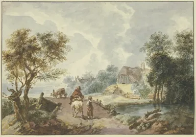 Baumreiche Landschaft Im Vordergrund Ein Weg Der Uber Eine Brucke Fuhrt