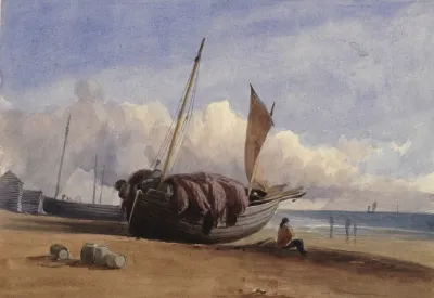 Beached Fishing Boat With Seated Fisherman