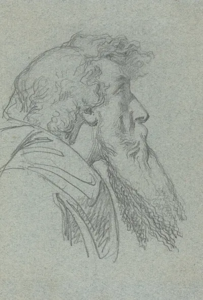 Bearded Man Looking Up Cloaked Figure With Raised Arms