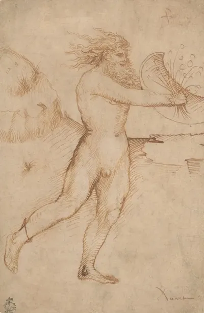 Bearded Nude Male Figure Running Toward The Right