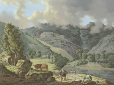 Berglandschaft Mit Einem Wasserfall Und Fluschen Im Vordergrund