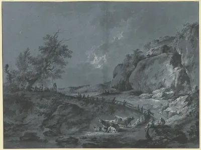 Bergweg Am Fus Von Felsen An Der Biegung Durch Einen Lattenzaun Begrenzt Iim Vordergrund Hirten Rinder Und Schafe