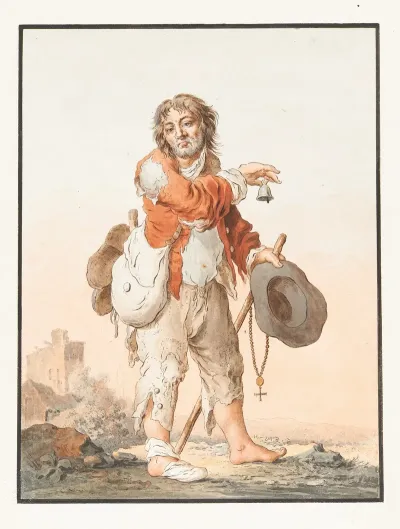 Bettler Mann In Zerlumpter Kleidung Mit Glocke Und Rosenkranz