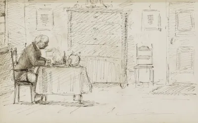 Biddende Man Aan Een Gedekte Tafel