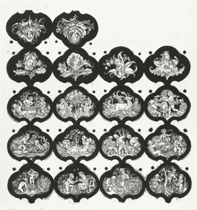 Blad Met Zeventien Vignetten Met Verbeeldingen Van De Twaalf Maanden En Bloemen Met Meisjesgezichten