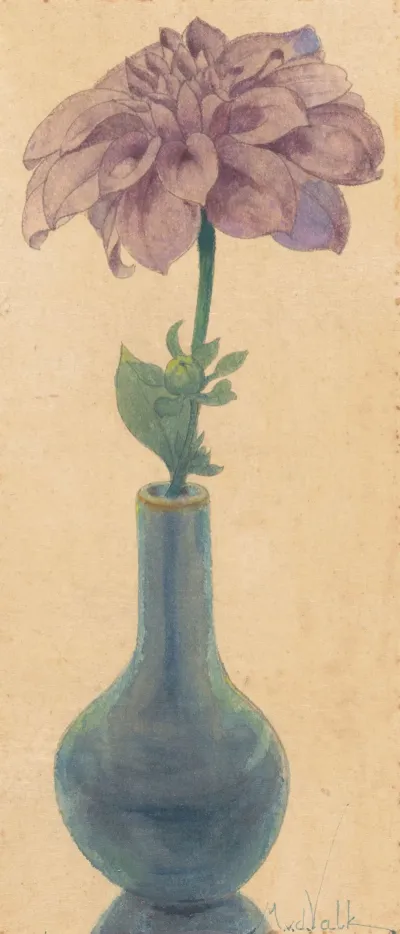 Blauw Glazen Vaasje Met Lila Dahlia