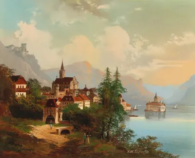Blick Auf Eine Stadt Und Ein Wasserschloss