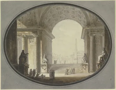 Blick Durch Ein Kassettiertes Rundbogengewolbe Auf Einen Dem Petersplatz In Rom Nachempfundenen Platz Im Scheitel Ein Dem Romischen Pantheon Ahnelnder Bau