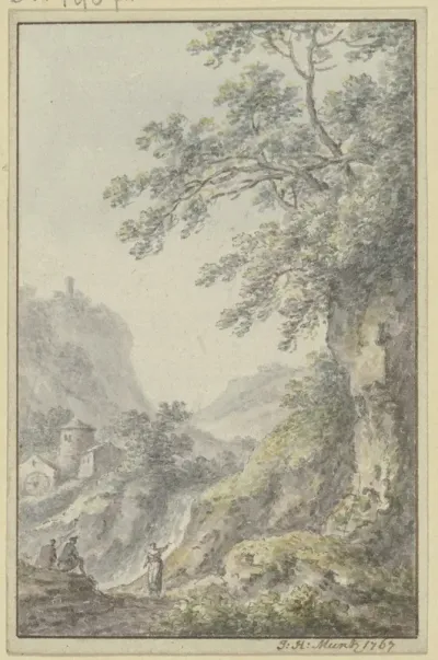 Blick In Eine Berglandschaft Mit Einer Burg Im Vordergrund Ein Hohlweg Mit Drei Figuren