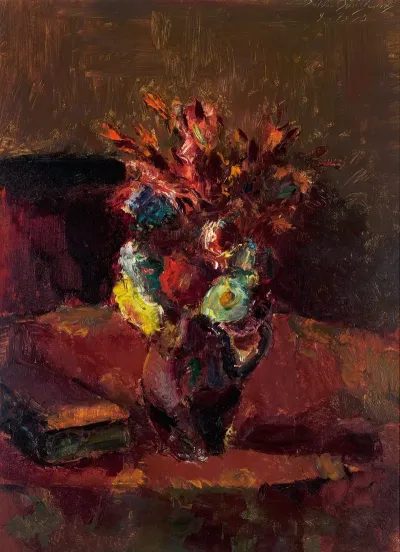 Blumenbouquet Mit Rotem Tischtuch