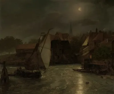 Boats On A Canal Moonlight 2