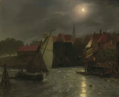 Boats On A Canal Moonlight